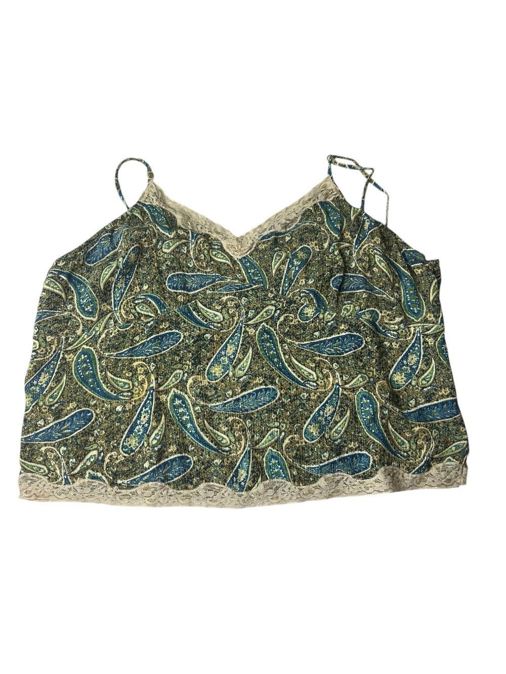 Y2K Cropped Paisley Print Green/Blue Gauzy Lace Trim 1X Cami St. John’s Bay Tank